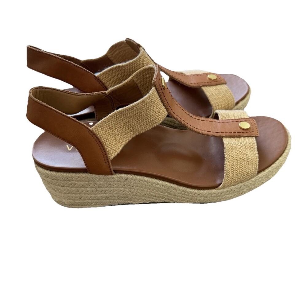 Vionic Calera Wedge Espadrille Sandal Camel Brown Leather Sz 9.5 Strappy Comfy